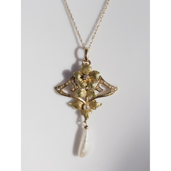 Antique 14K Gold Art Nouveau Pendant Old Mine Cut Diamond Seed Pearls Pearl Drop - Picture 3 of 7